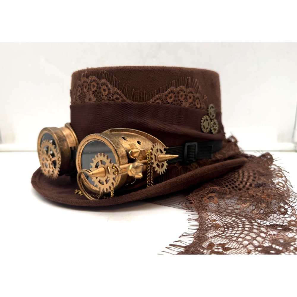 Steampunk Victorian Top Hat Brown Goggles Gears Lace Scarf Cosplay Costume Hat